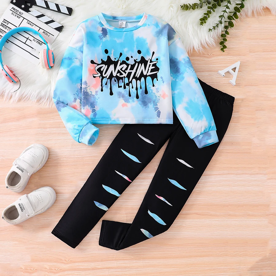 2-piece girls Spring and Autumn fashion tie-dye letter round neck long sleeve + black slim pants suit