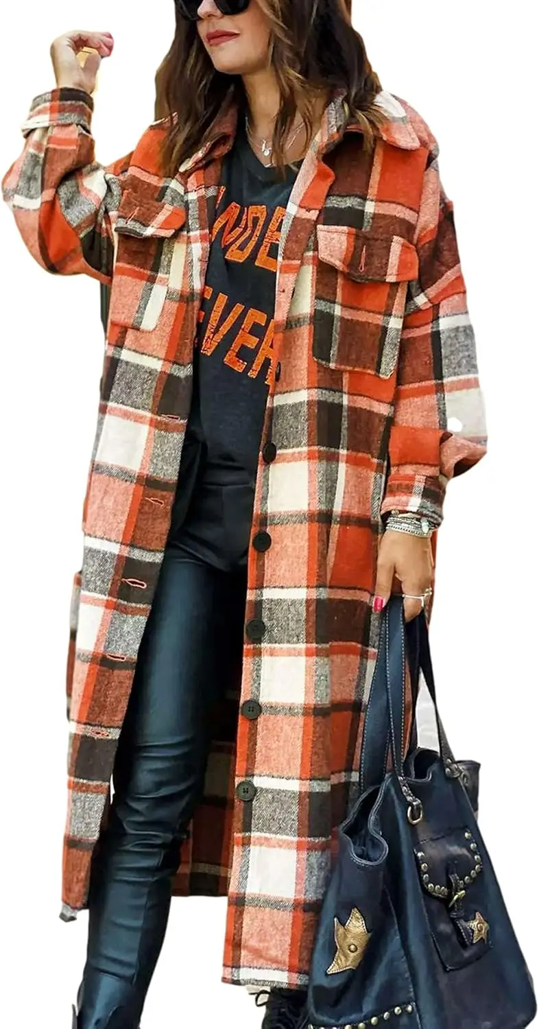 

Women's Casual Plaid Lapel Woolen Button Up Pocketed Long Shacket Coat