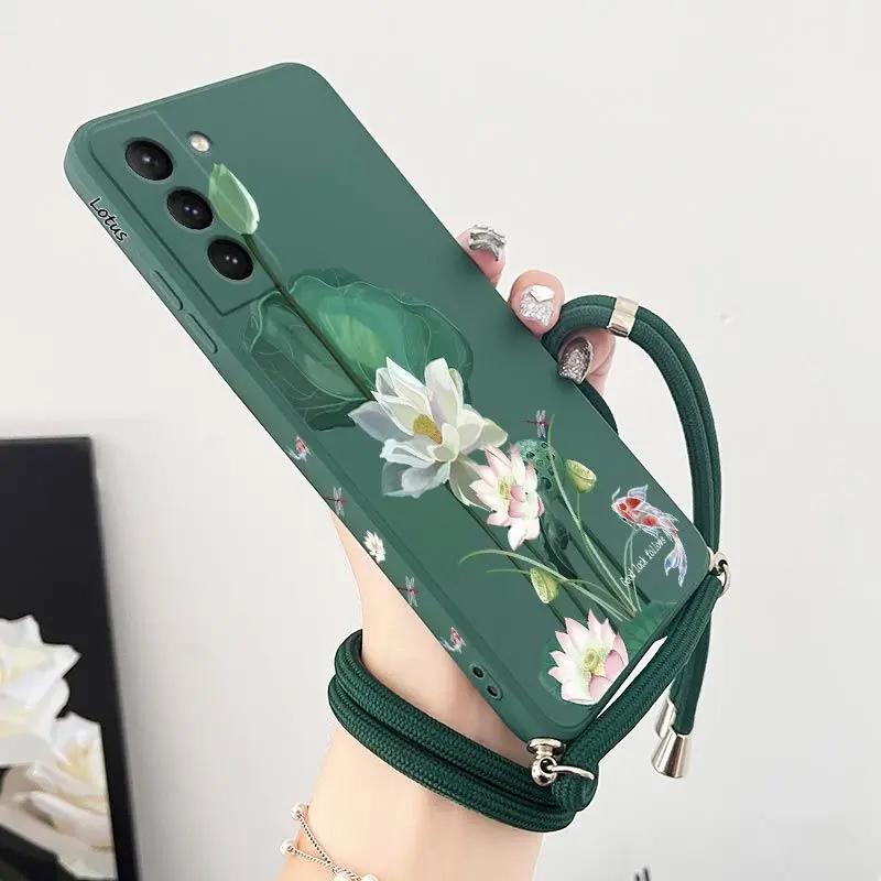 Lotus Pond Scenery Crossbody Lanyard Silicone Phone Case For Samsung Galaxy S23 S22 S21 S10 S9 Note 20 ultra 10 Plus Cover