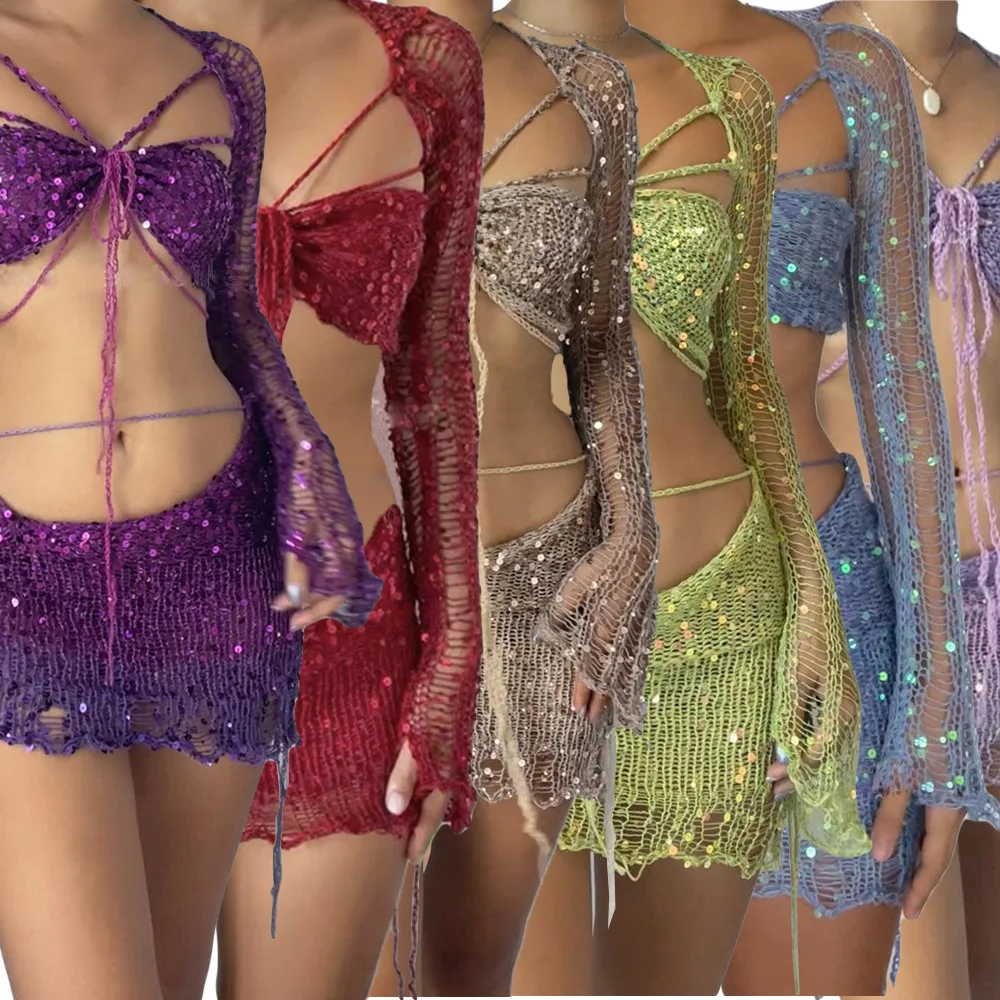 Conjunto de vestido de baile Sexy para mujer, suéter de punto con cuentas, conjunto de tres piezas, aspecto de moda, 2023