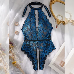 Sexy Outfit Blue Transparent Lingerie For Women Super Hot Sex Pajamas Crotchless Backless Lace Teddies Bodysuit Erotic Underwear