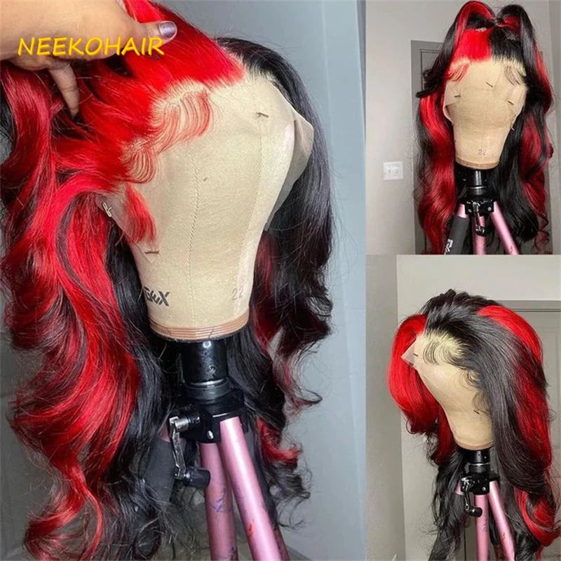 13x6 Lace Frontal Wig Half Black Half Red Split Two Tone Cosplay Wig Long Wave Bicolor Wigs Human Hair Wig For Women