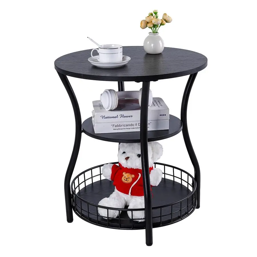 

Side Table, 3Tier Accent End Table with Storage Shelf, Corner Sofa Beside Table for Small Spaces,Nightstand with Metal Frame for