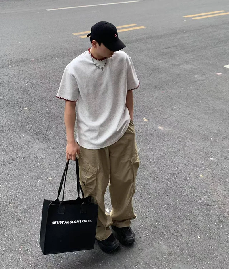 2026 Summer Men's Fashion Casual Loose Pure Cotton American High Street Cool Beach Style Shell Embroidery Craft Short Sleeve T-s