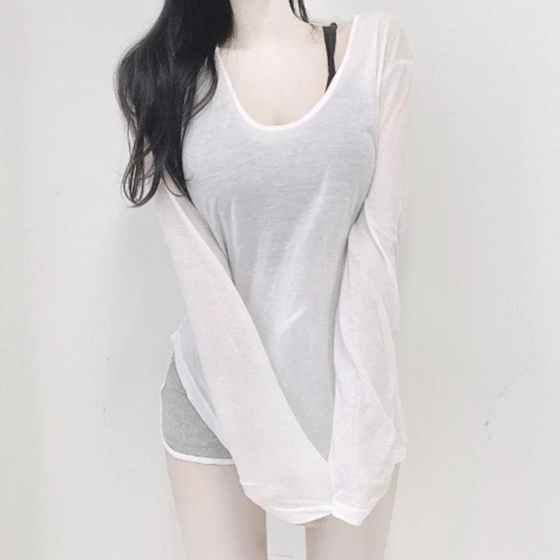 Comfortable Long Sleeve T-Shirt Low Cut V-Neck Arc Swinging UH283 Transparent Effect Korean Style Straight Cut Spring Fashion