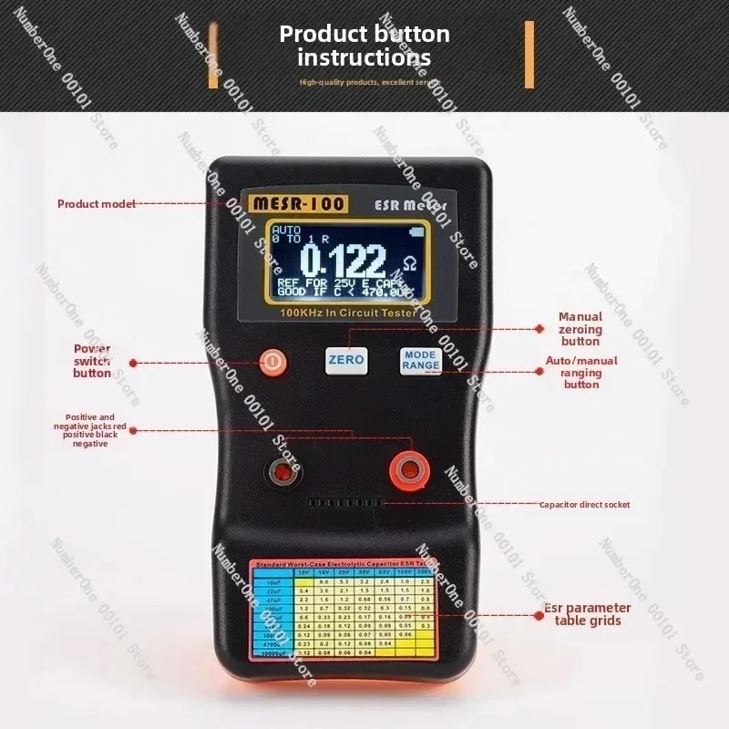 MESR-100 Auto Ranging ESR Capacitance Meter in Circuit Tester for Capacitor Internal Resistance Low Ohm with SMD Test Clip
