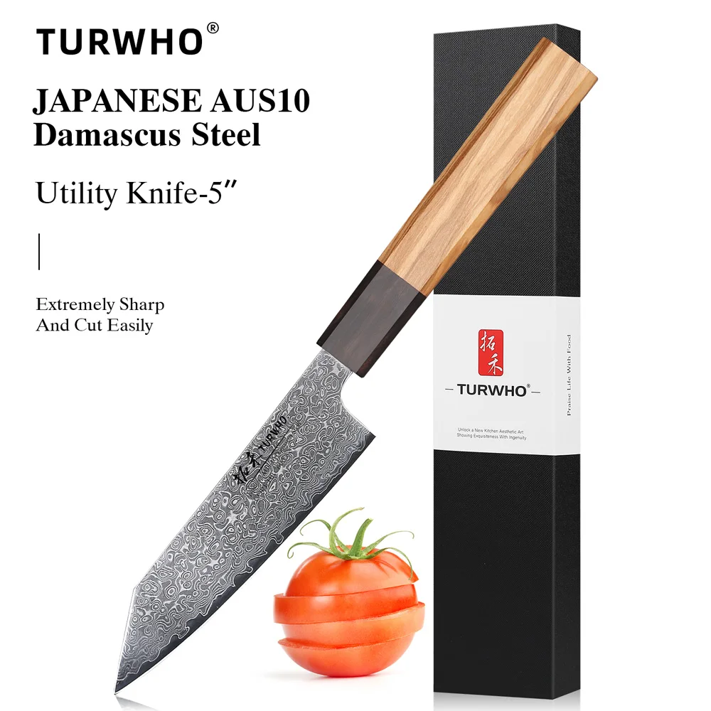TURWHO 5" Allzweckmesser, japanischer handgeschmiedeter Damaststahl, professionelle Kochmesser, Küche, Gemüse, Fleisch, Schälen, Obstmesser