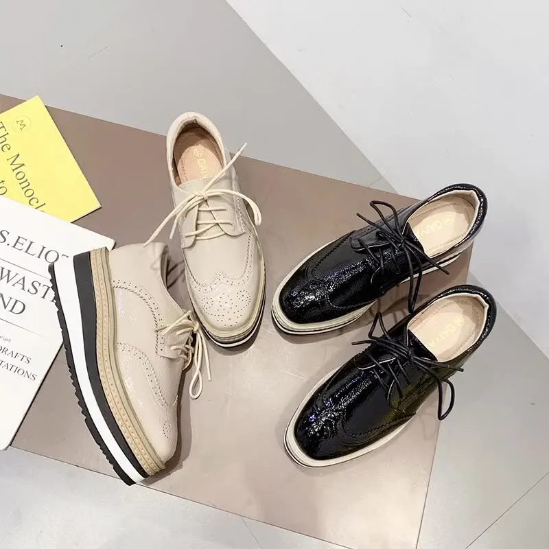 Women's Shoes Platform Oxfords Casual Female Sneakers Increas Height Flats British Style Clogs Leather Dress Preppy New Cross Cr