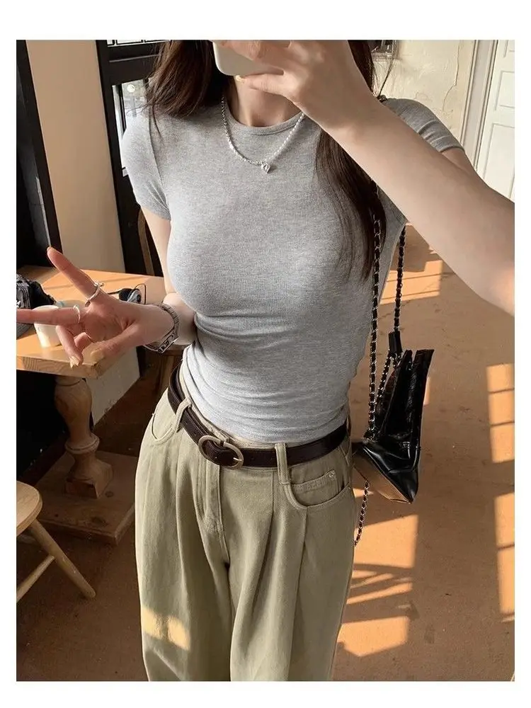 O Neck Solid Slim T Shirts American Vintage Women T-shirt 2026 New Summer Cotton Tee Shirts Short Sleeve Basic Short Top