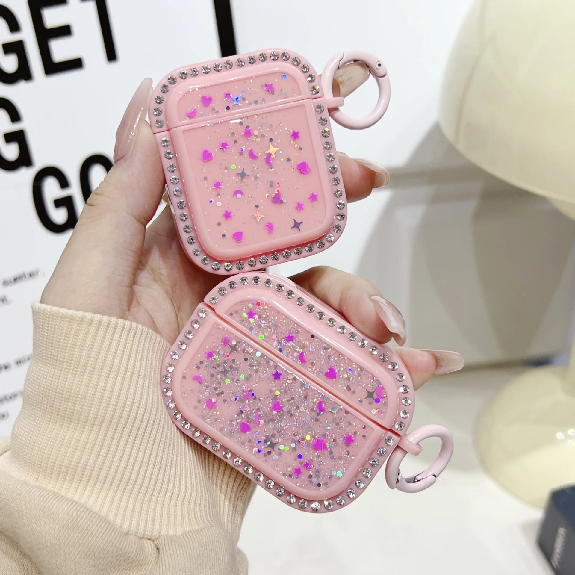Cute Pink Rhinestone Border Glitter Heart Star Earphone Case For AirPods 1 2 3 Pro 2 Bling Protective Cover With Keyring