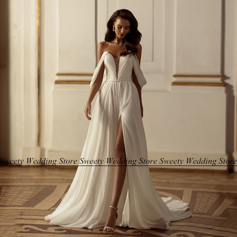 

Jiayigong Summer Beach Wedding Dress Custom Off The Shoulder V Neck Beading Belt A Line Robe De Mariee Women Corset Bridal Gown