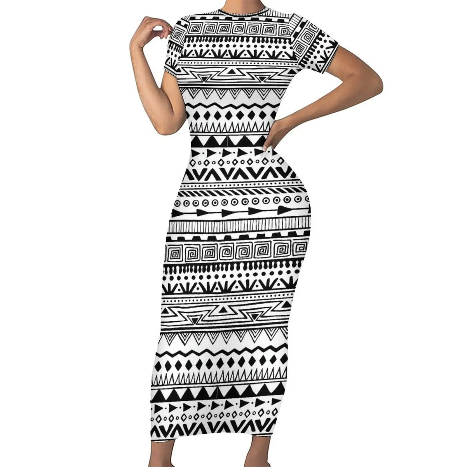 White And Black Ethnic Bodycon Dress Summer Vintage Print Trendy Maxi Dresses Womens Short Sleeve Graphic Street Fashion Dress