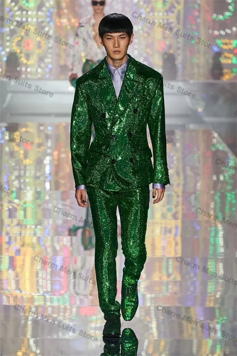 Shiny Sequins Men Suits Set 2 Piece Blazer+Pant Trouser Glitter Green Red Customized Wedding Tuxedo Formal Office Prom Jacket