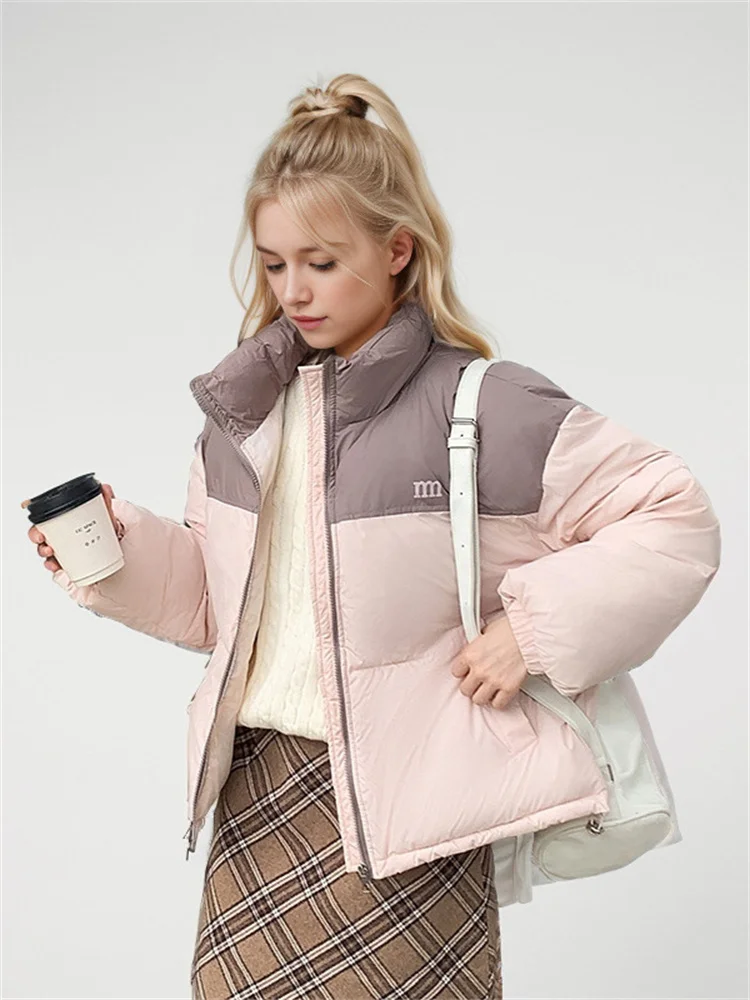 

Women's Puffer Cotton Insulated Jacket 2024 Winter New Sleek Two-Tone Panels Cropped Stand Collar Thickened Winter Padded Jacket