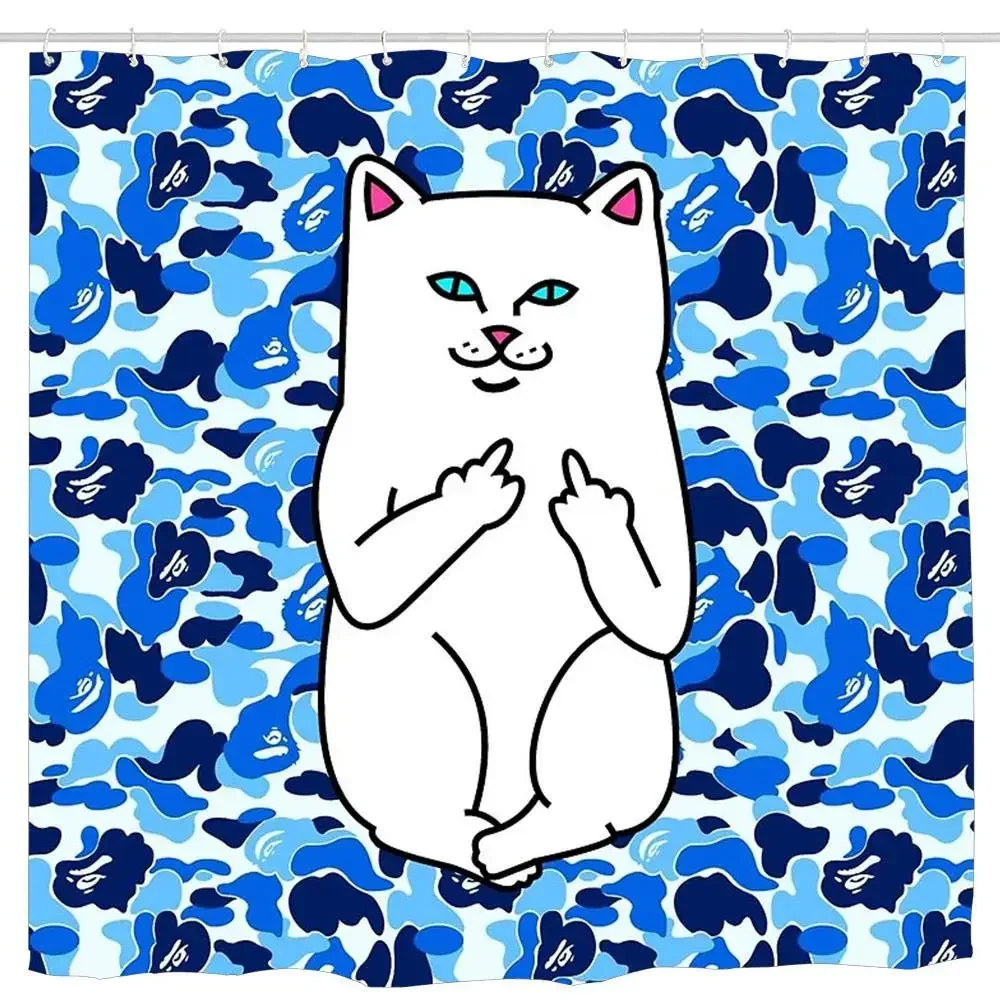 Cat With Blue Eyes Smoking Funny Anime Camouflage Pictures Shower Curtain By Ho Me Lili For Bathroom Decor