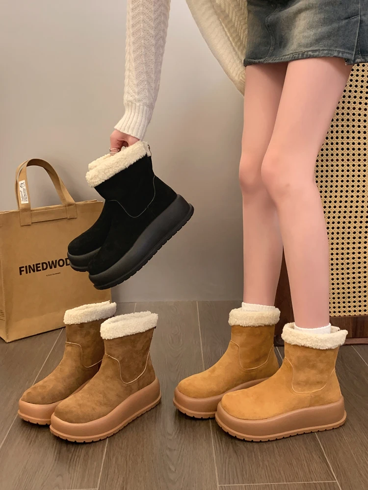 Women's Shoes Retro and Thick Plush Warm Snow Boots 2023 New Autumn and Winter Mid Length Lamb Wool Cotton Shoes