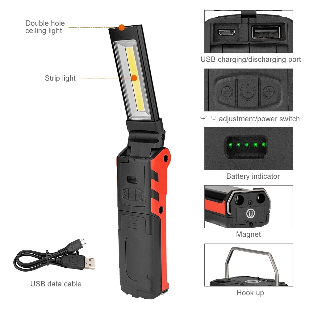 LED Flashlight COB LED Work Light Dimmable USB Rechargeable InspectionLight Magnetic Hook Power Supply 18650 Battery Flashlight