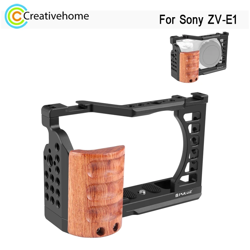 

PULUZ Wood Handle Camera Cage For Sony ZV-E1 Camera Metal Stabilizer Rig Cage with 1/4 3/8 Inch Screw Holes