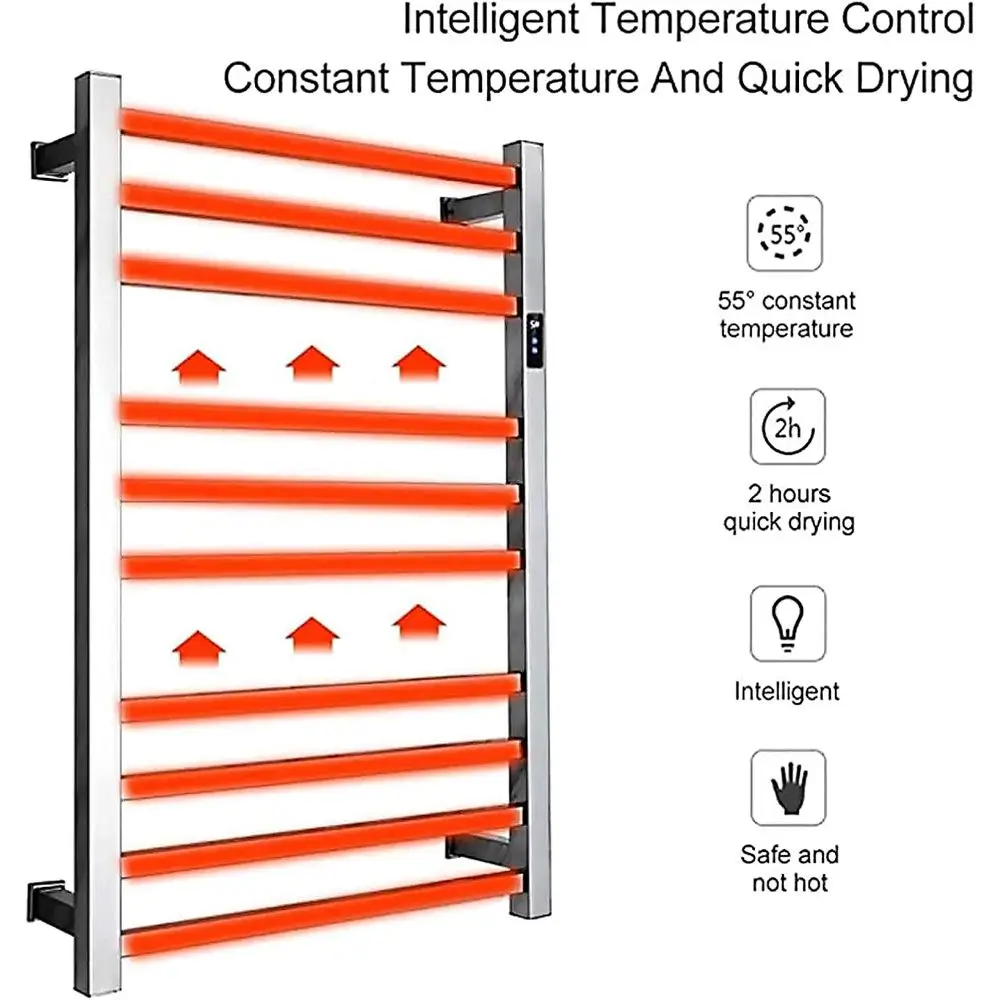 타이머가 있는 전기 타월 워머, 벽걸이형 10바 스마트 전기 타월 랙 스테인리스 스틸 가열 타월 레일 88W 저전력
