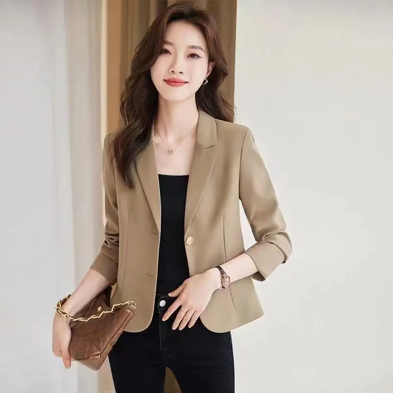 Blazer wanita berkancing Lapel, Blazer warna Solid semua cocok, pakaian kantor longgar Chic baru musim gugur 2024