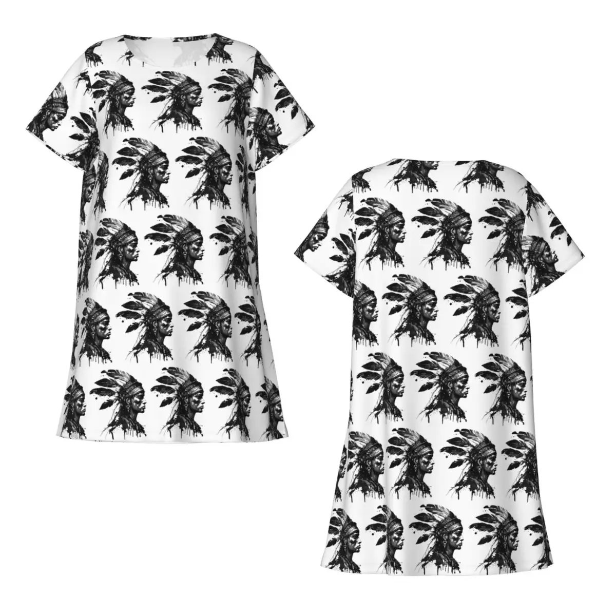 Custom Drawn Style Aztec Warrior Short Sleeves Nightdress For Sleeping Sleepshirts Women Short Sleeve Nightgowns Pajama Dress