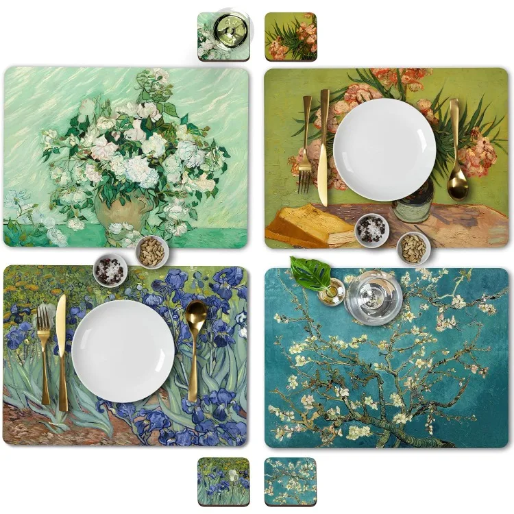 Set of 4 Heat Resistant Cork Placemats for Dining Table with Free Set of 4 Matching Drink Coasters Van Gogh Masterpieces Design