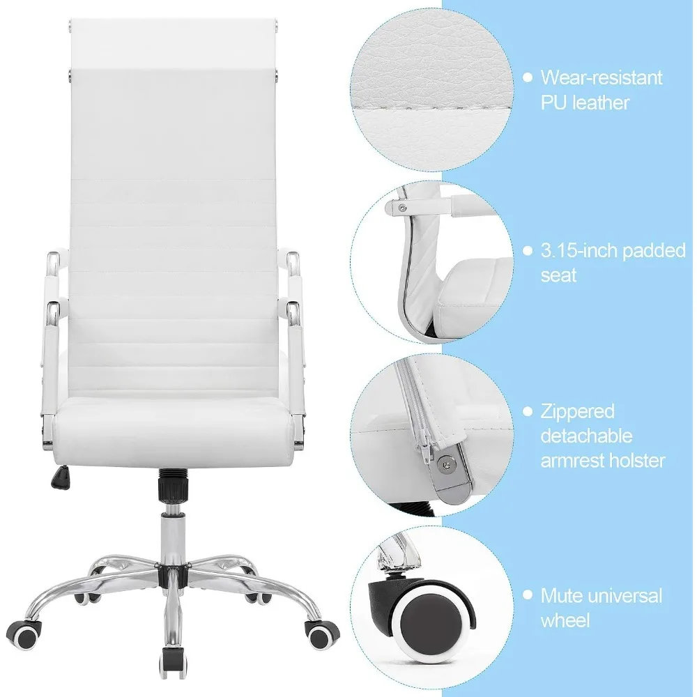 Ribbed Office High Back PU Leather Desk Adjustable Swivel Task Computer Chair with Armrest for Conference Study Leisure