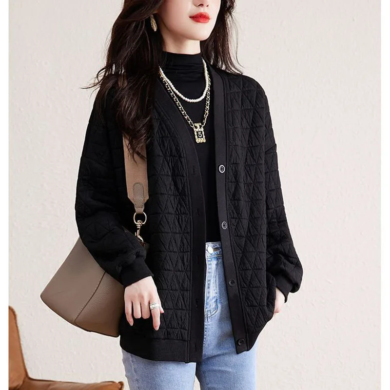 2023 Autumn and Winter Women's Fashion Lingge Air Clip Cotton Coat Versatile Loose Comfortable Cardigan Long Sleeve Cotton Top