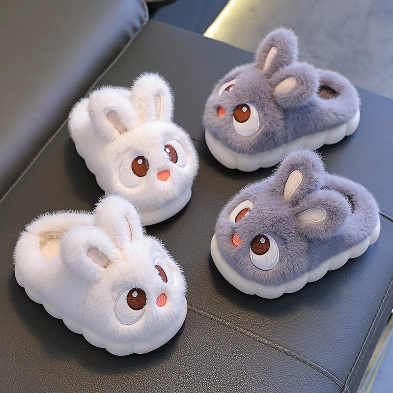 New Winter Cute Big eyed Rabbit Children\'s Waterproof Warm Non-slip Fluffy Slippers For Girls Boys Kids Indoor Home Cotton Shoes