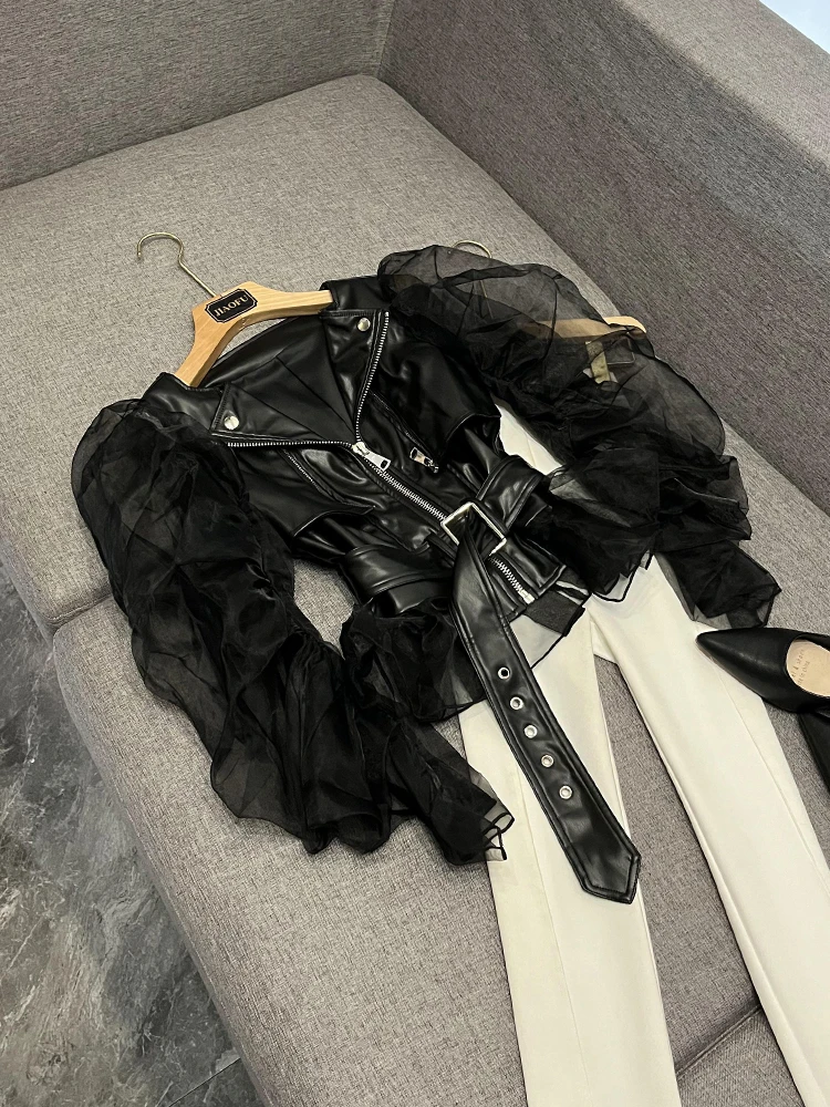 Street Style Motorcycle Jacket Women's Long Sleeve Mesh Splicing Leather Coat Dominating Perception Short Length Flip Collar