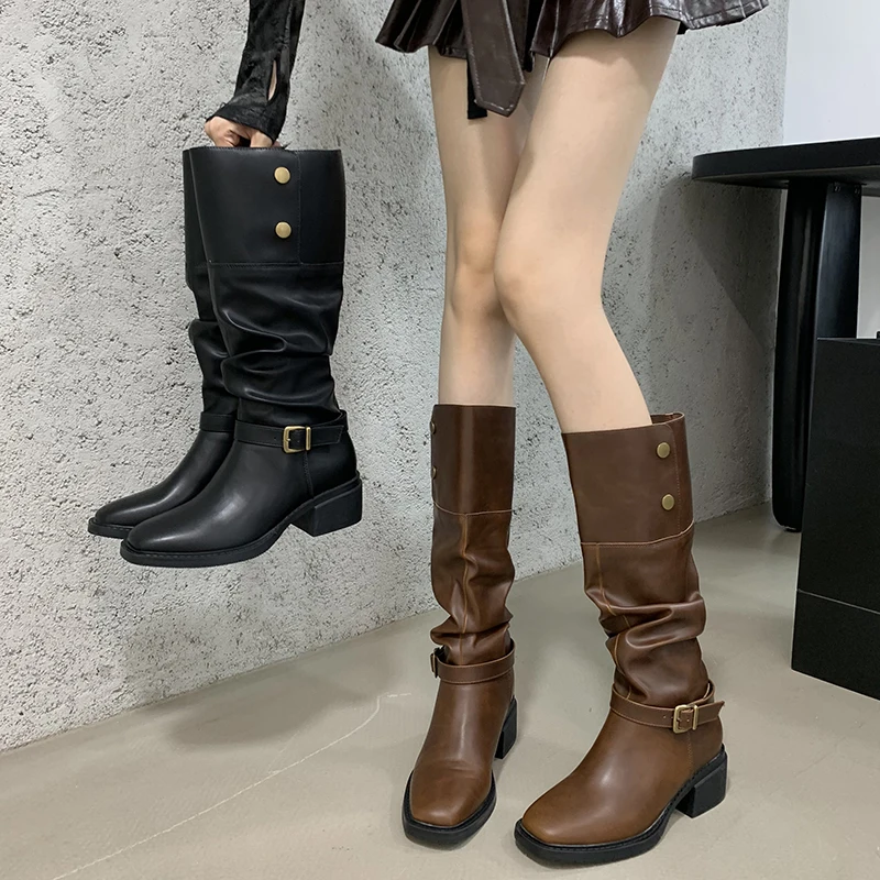 

Винтажные плиссированные женские сапоги до колена на толстом каблуке, уличная нескользящая обувь, осенне-зимние женские рыцарские длинные ботильоны