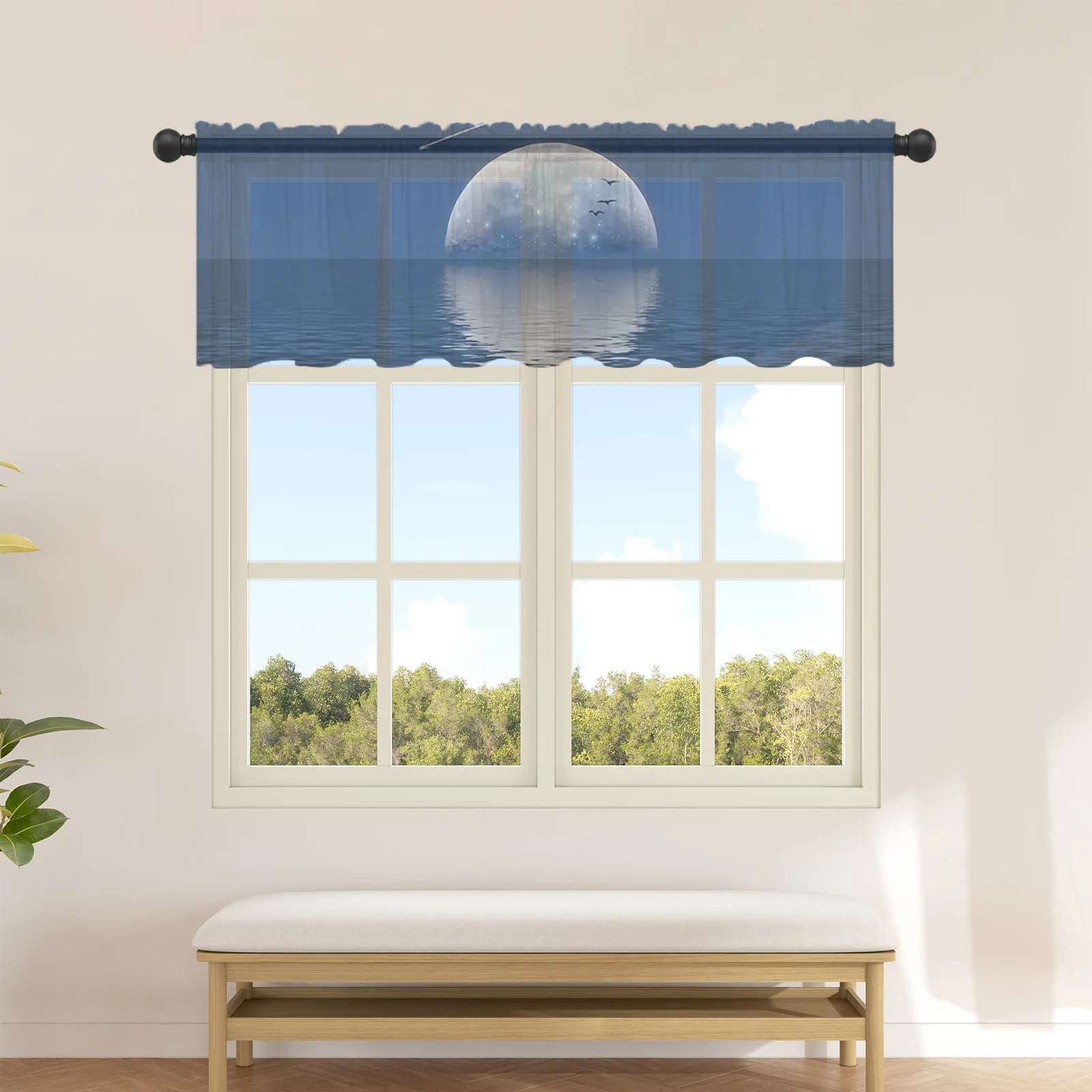 Full Moon Sea Meteor Seabird Small Window Curtain Valance Sheer Short Curtain Bedroom Home Decor Voile Drapes