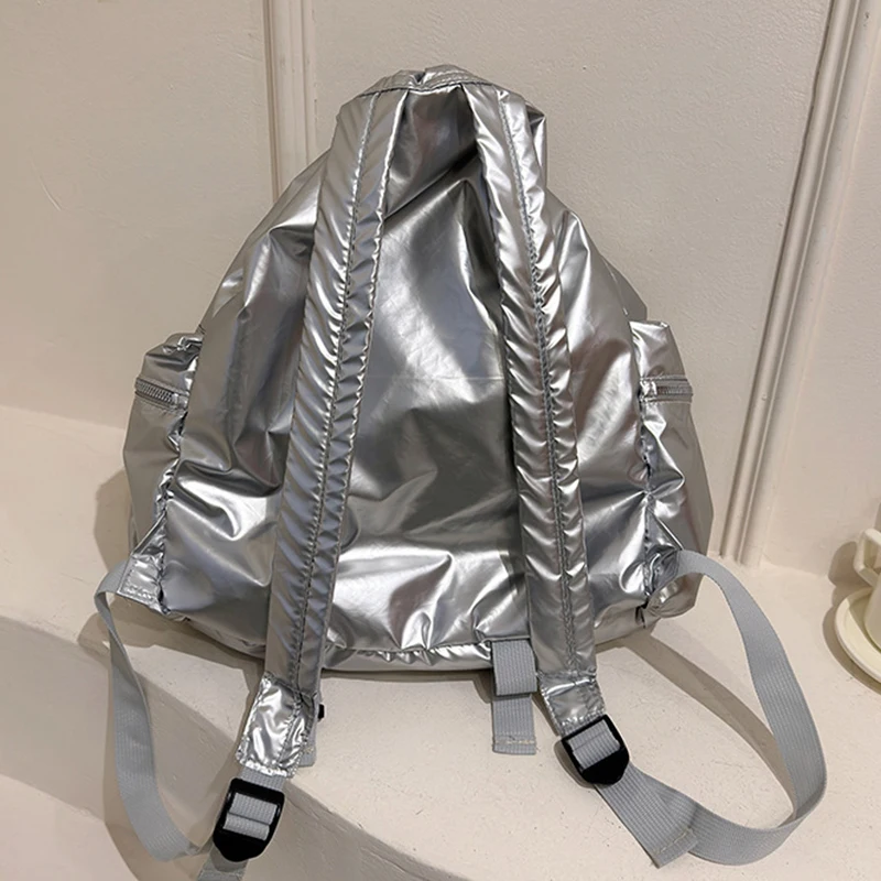 Korean Style Large Capacity Silver Backpack Lightweight Girls Class Drawstring Pleated Ladies Travel Backpack Foldable Backpacks