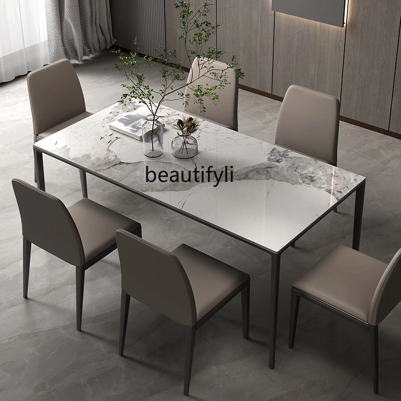 Minimalist rock slab dining table, simple modern light luxury glossy rectangular marble designer small household dining table