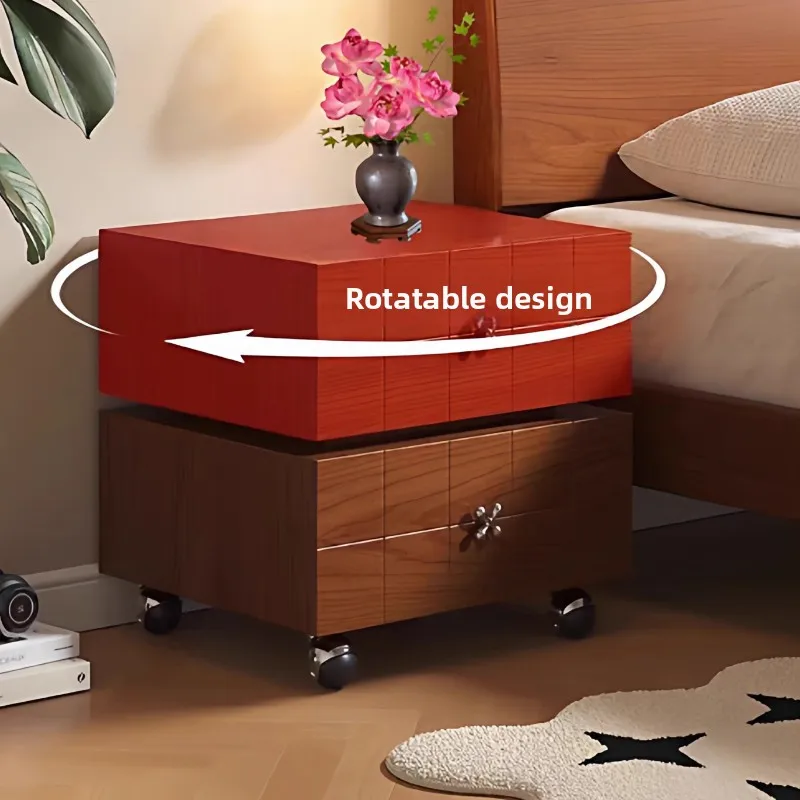Vintage Rotating Nightstand Solid Wood Swivel Bedside Table Mobile Drawer Storage Cabinet Creative Spinning Bedroom Furniture