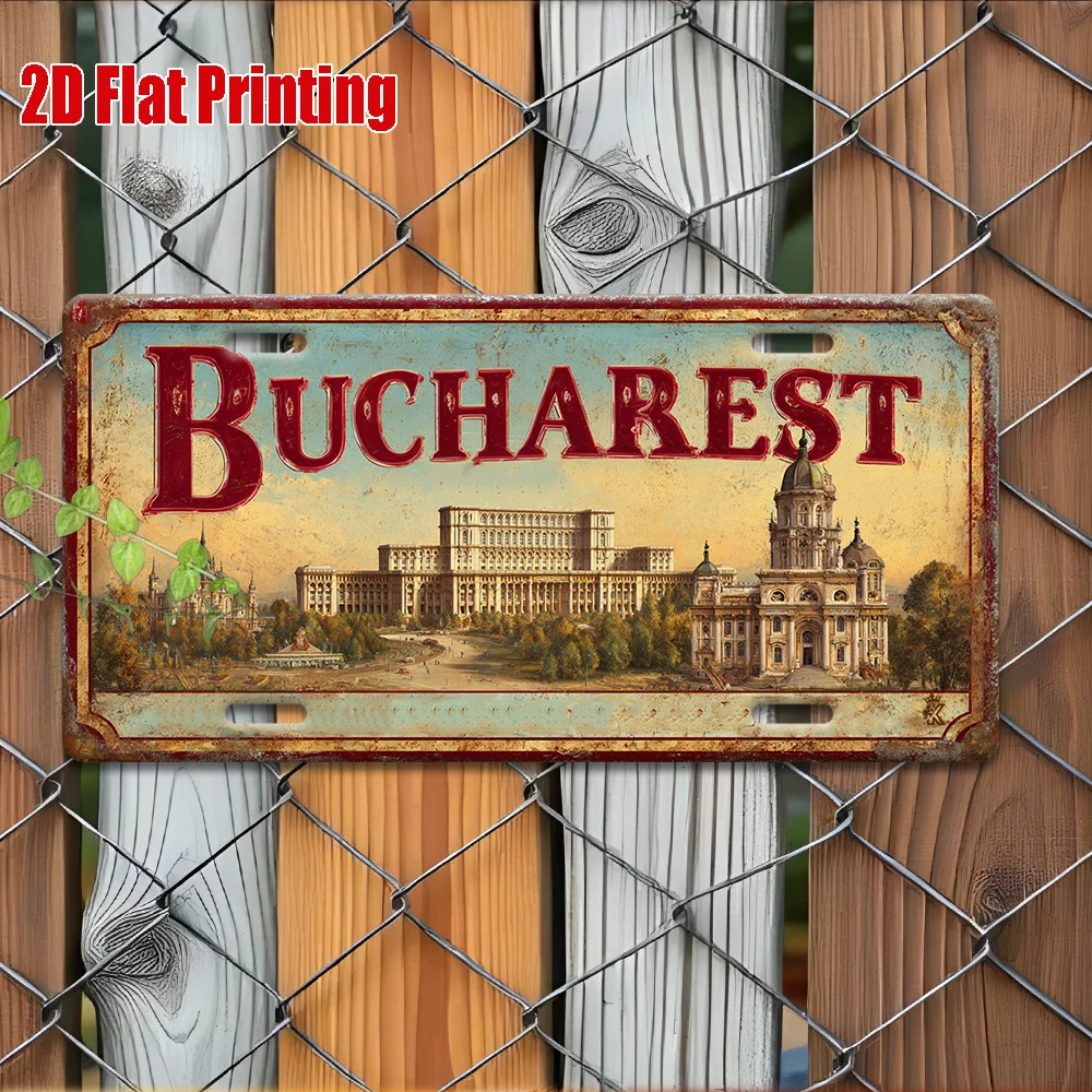 2D Flat Printing, 1pc, Vintage Metal Tin Sign, Bucharest Sign (29.97X14.99 cm), Boxing Day Gift, Retro Style, Gift for Siblings,