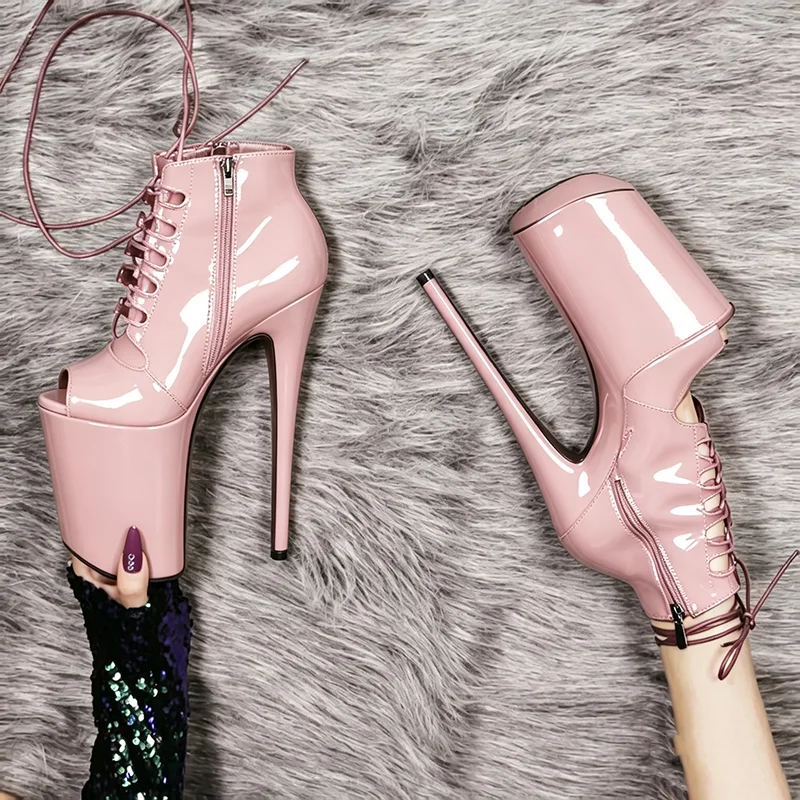 Women Patent Leather Peep Toe Platform Ankle Boots 23cm Super High Heels Lace Up Pole Dance Shoes Nightclub Party Boots