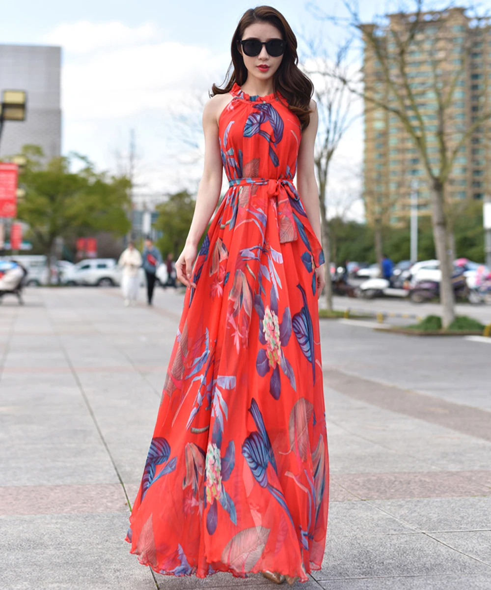 Summer Tropical Floral Bohemian Beach Photograph Sleeveless Maxi Dress Chiffon Holidays Party Female Dress Sleeveless Sundress