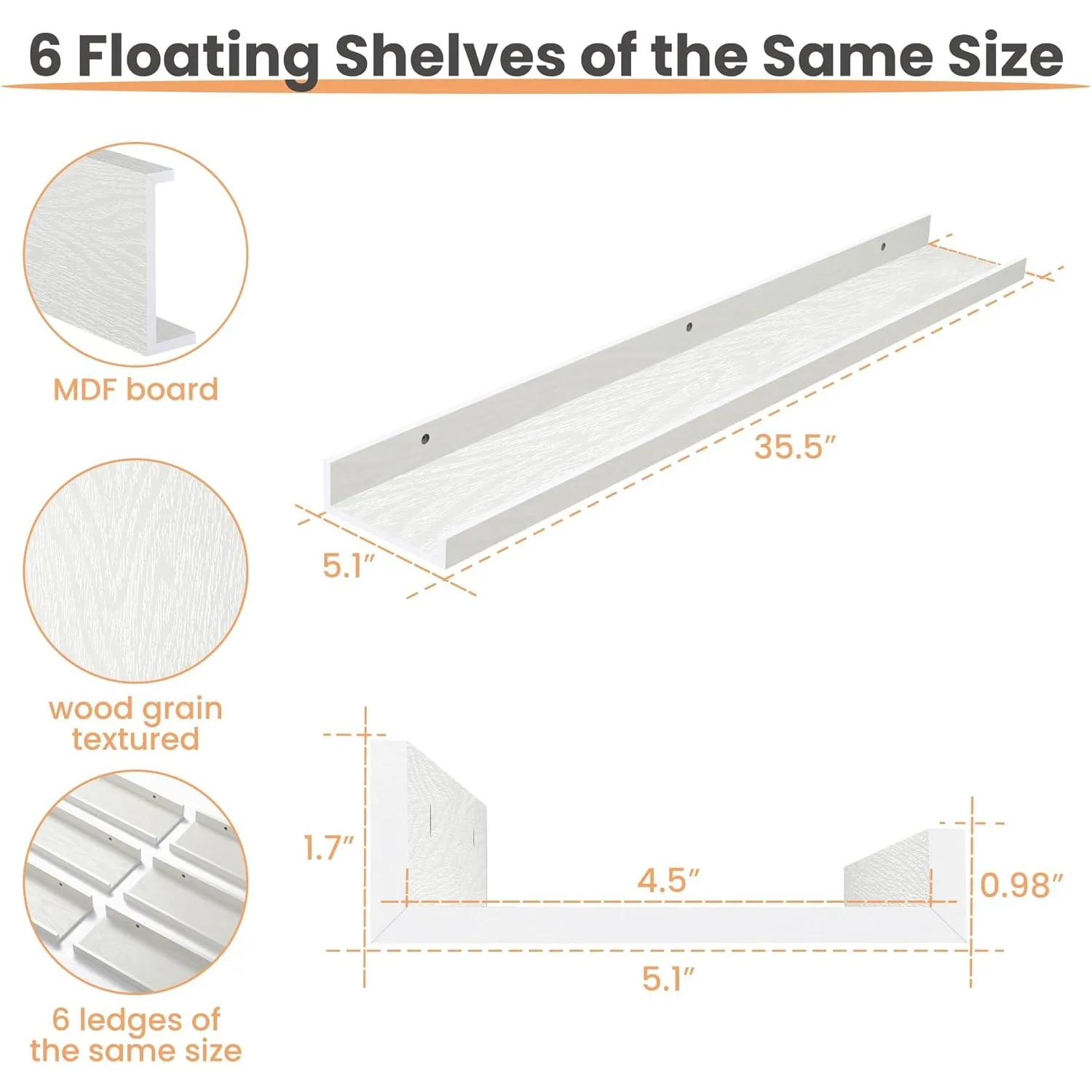 Floating Shelves for Wall, Wood Mounted Shelf Decor Storage Set of 6, for Bedroom, Kitchen, 35.5 inch Long Picture Ledge, White