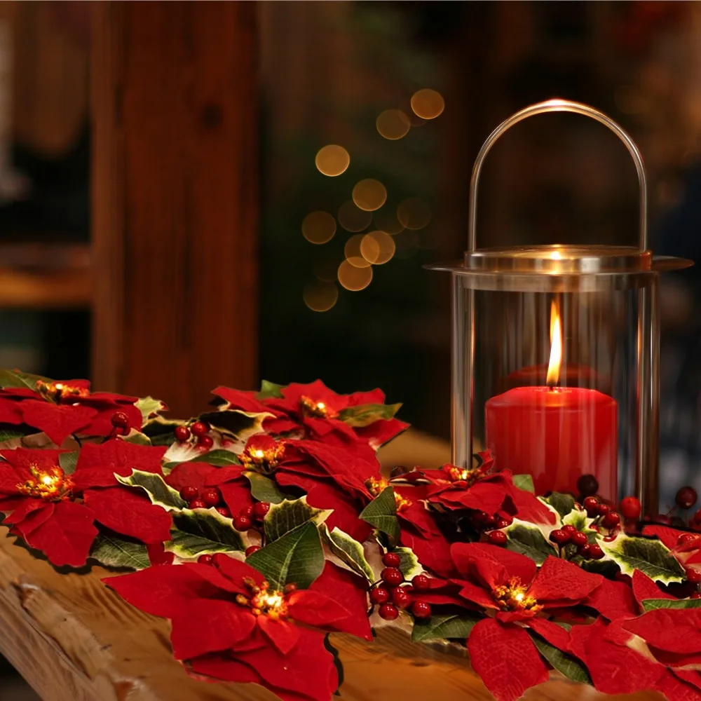 2/3M ปลอม Poinsettia ดอกไม้ String ไฟ 10/20LED เรืองแสงประดิษฐ์ Poinsettia Garland Fairy Light งานแต่งงาน party Decor