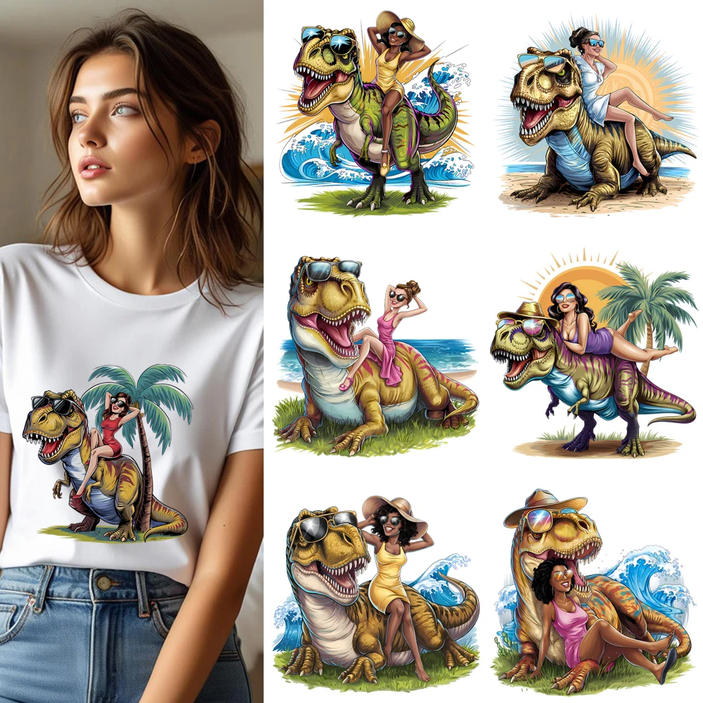 25cm Jurassic Tropical TRex Pin Up Iron On Heat Transfer Sticker DTF Iron On Transfer Patches For Clothes T-shirt Appliques