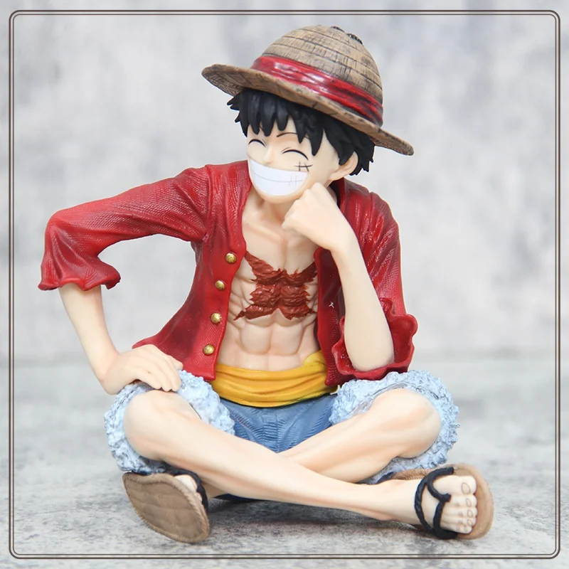 13CM One Piece Figure IU Sitting Luffy Smiling Face Holding Hands One Piece Straw Hat Luffy Animation Model Desktop Ornament