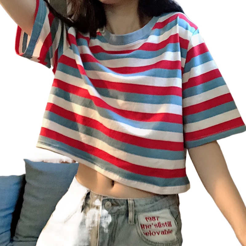 

Stripe Short Sleeve T-shirt for Women 2025 Loose Korean Trendy Harajuku O-neck Casual Top BF Style Student Crop Top