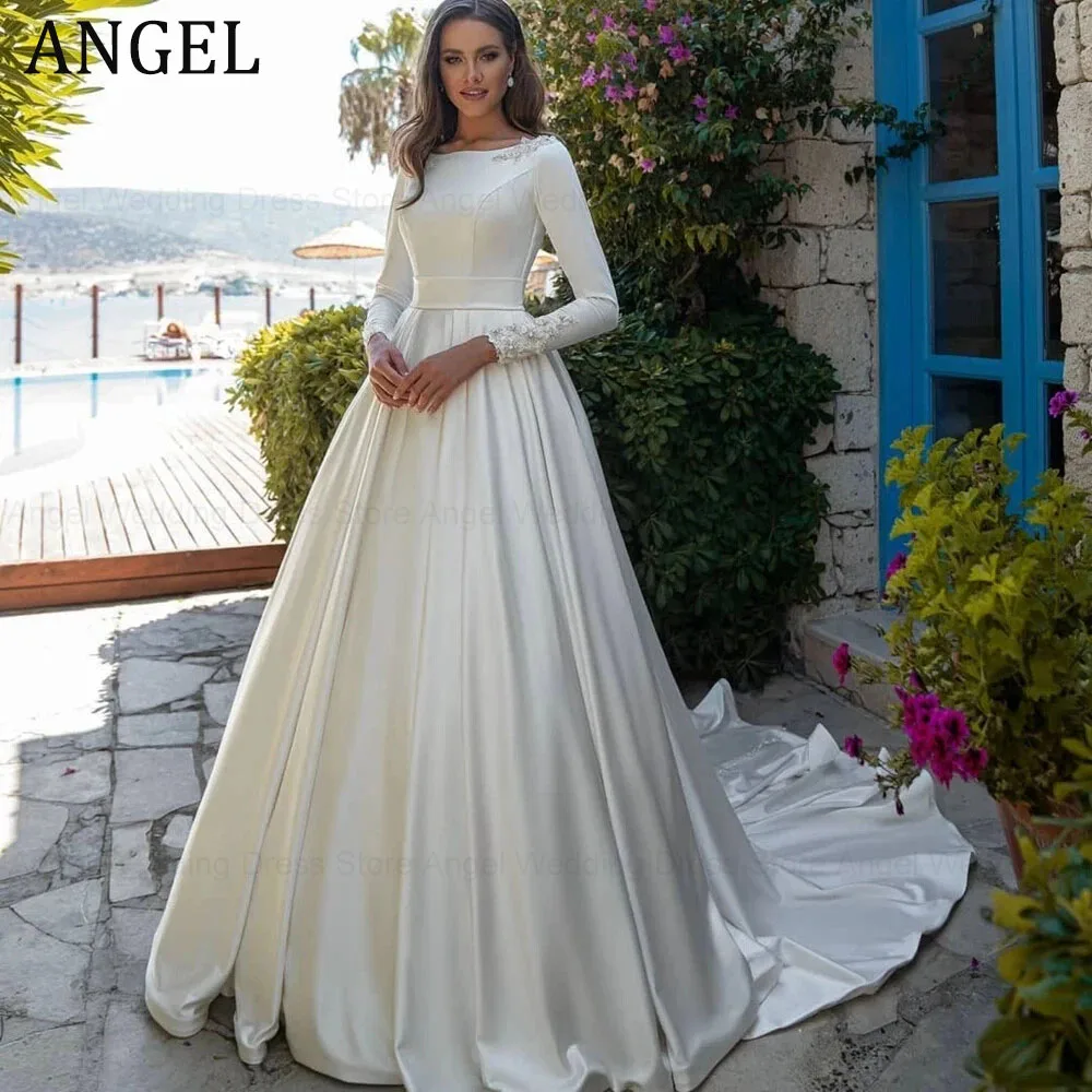 

Свадебное платье ANGEL 2026: Атласное, современное, А-силуэт, с аппликациями и бисером, со шлейфом, для невесты