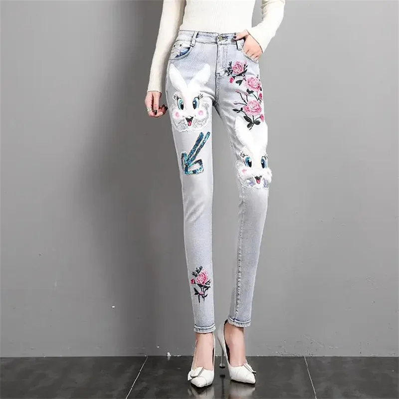 Women's Embroidered Flower Jeans 2024 Spring Autumn Pencil Pants Female White High waist Cartoon Slim Pants Casual Denim Pants