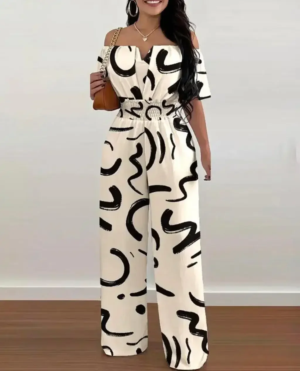 

Summer Fashion Printed Wide Leg Jumpsuit Women Sexy Slash Neck Off-shoulder High Waist Jumpsuit Womem