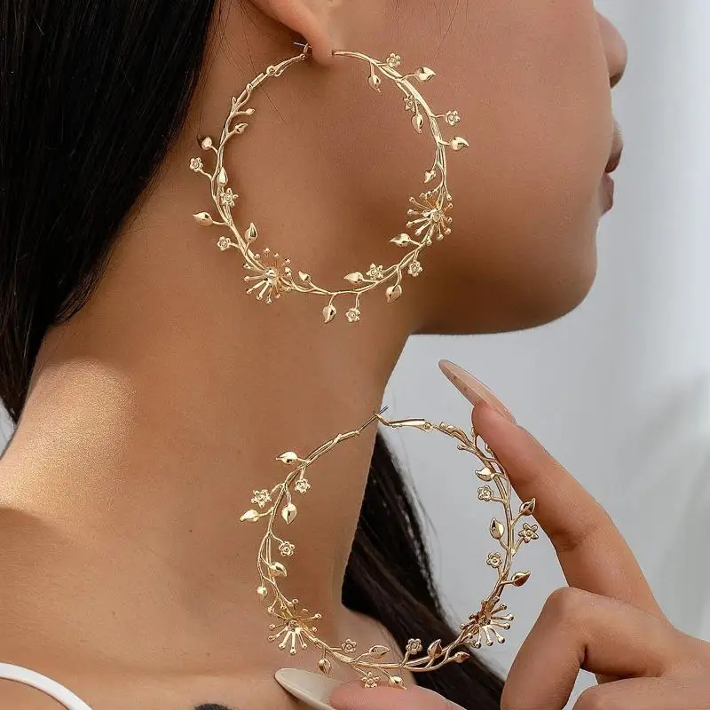 Gold Color Exaggerated Hoop Earrings for Women Hollow Leaf Flower Design Large Circle Earrings for Casual Outings Gift