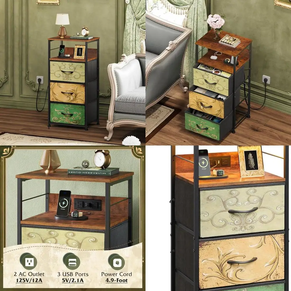 

Charging Station Nightstand with Fabric Drawers, Storage Shelf, USB Ports for Bedroom, Floral Design