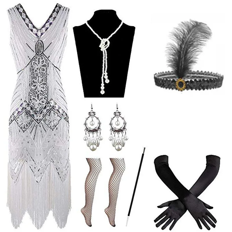 1920S Flapper Vintage Jurk Met 20S Accessoires Set Great Gatsby Feestavond Pailletten Omzoomd Rok