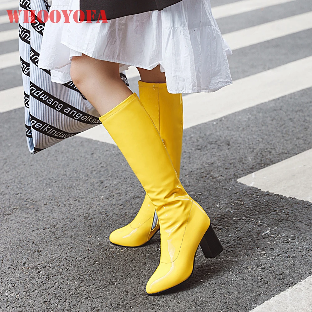 

Новые зимние женские сапоги до колена желтого и красного цвета для взрослых, пикантные женские повседневные туфли на высоком массивном каблуке, большие размеры 11, 42, 47 48